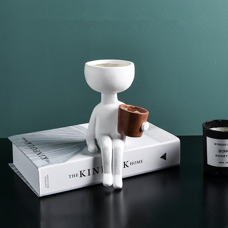 Humanoid keramik urtepotte karakter siddende stilling skulptur vase desktop blomsterarrangement container sukkulenter plantepotte: Hvid d