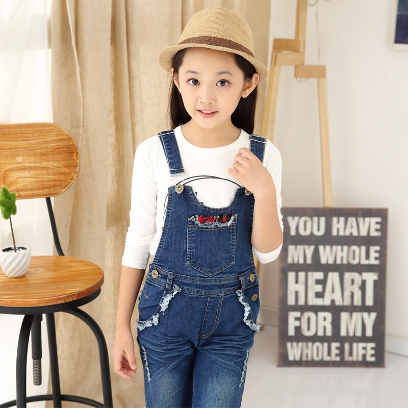 Kids Denim Overalls Jumpsuit Voor Meisjes Gat Gescheurde Jeans Broek Kinderen Denim Bib Jumpsuit Tiener Jeans Broek Jarretel