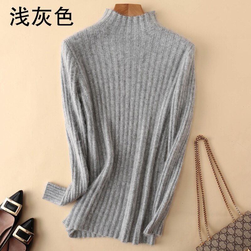 Varm 100%  mink kashmir sweater strikkede pullovere til kvinder vinter høj elasticitet bløde toppe høj krave afslappet basisk dameskjorte: Xl / Grå