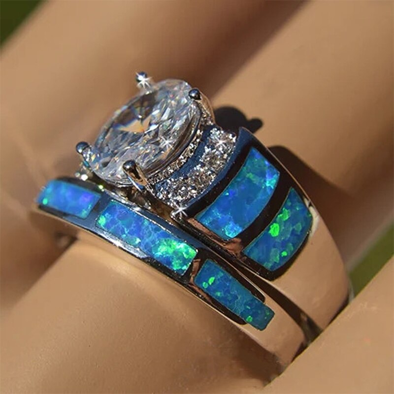 Huitan, , conjunto de anillo Oval CZ para mujer, Ópalo de imitación azul, anillo de boda para de cóctel, joyería de , , tamaño 5-10