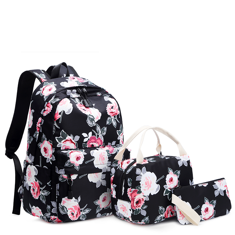 Aosbos 3 stks/set Afdrukken Canvas Schooltassen voor Tienermeisjes Bloemenprint Rugzakken Vrouwelijke Schooltas mochila escolar: Black