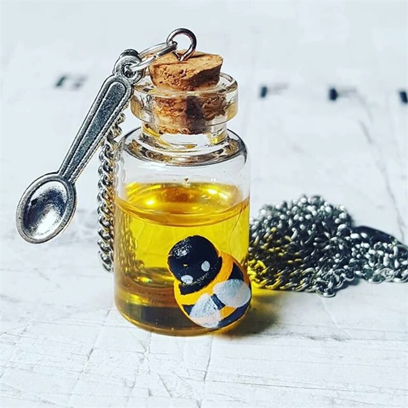 Honigglas-halskette, löffel, bienen, hippie, honigglas, bohème, märchenmotiv, glasflaschenanhänger für naturliebhaber