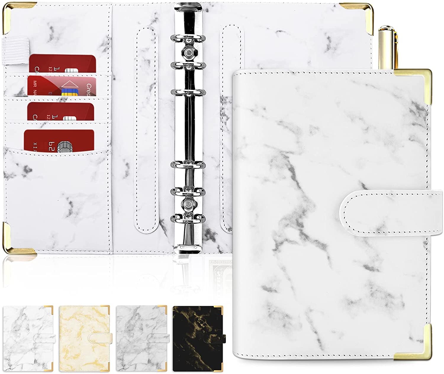 A6 PU Leather Notebook Binder Marble Refillable Binder Cover 6 Ring Loose Leaf Budget Planner Binder Cover with Magnetic Buckle: White with corner