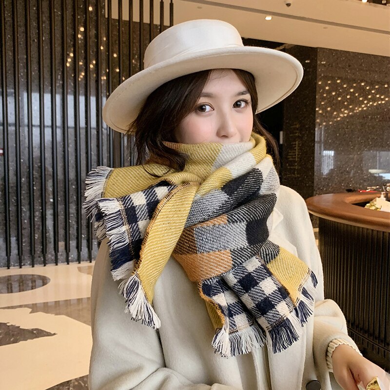Nova chegada da moda outono inverno xadrez cachecol feminino quente de alta qualidade elegante bonito duplo lado fresco adorável vintage borla xale