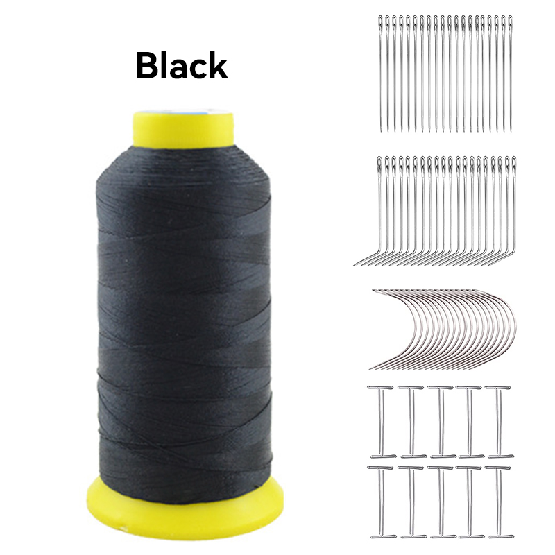 Hair Weave Needle and Thread Set High Strength Nylon Hair Weft Sewing Thread for Making Wig C J I Shaped Needle T Pins: black