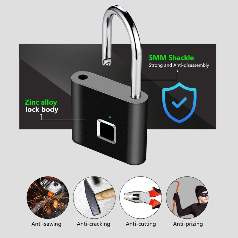 Fingerprint Padlock Smart Door Lock IP65 Waterproof Security Digital Lock Portable Fingerprint Padlock USB Keyless Lock