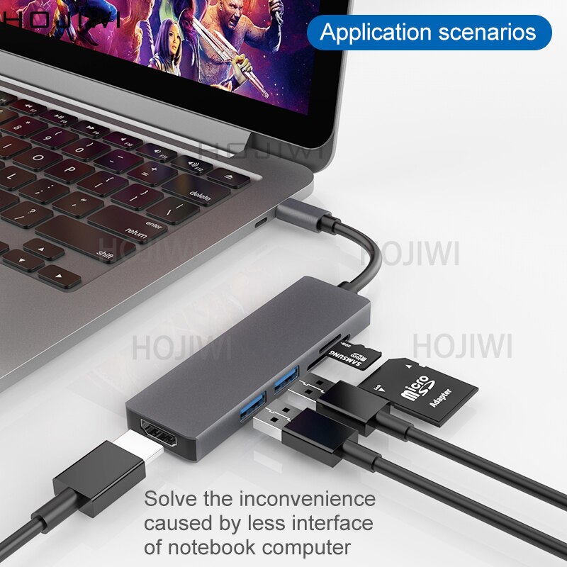 Hojiwi usb c multi hub c adaptador hdmi 5 em 1 usb c para usb 3.0 doca para macbook pro tipo c divisor docking station laptops aa11