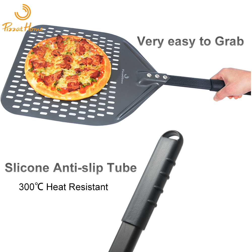 Juego de pala giratoria rectangular para Pizza, pelador de Pizza perforado anodizado duro de 12 ", paleta de cáscara de Pizza de aluminio, mango de silicona de 40cm de largo