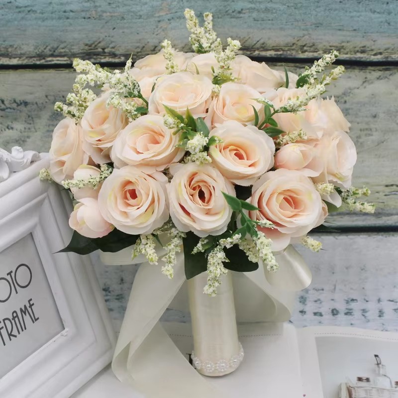 Ramo de novia, flores, accesorios de boda para dama de honor, rosas artificiales azules, ramos de novia, decoración de boda: Champán