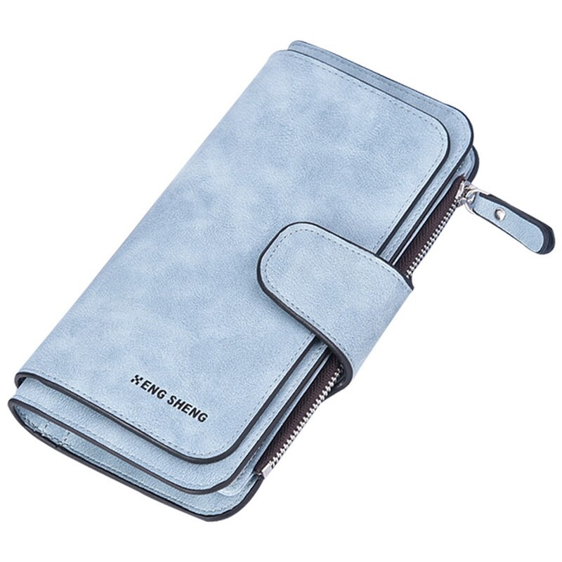 Litthing Pu Leather Women's Long Wallet Credit Card Clutch Purse Women's Wallet Matte Card Bag Buckle Multi-function Wallet: light blue A