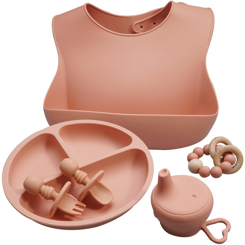 BPA FREI Lebensmittel Klasse Baby Silikon Geschirr Lätzchen Gabel Löffel Gerichte Platte Schüssel Wasserdicht Tragbaren Abendessen einstellen für Art freundlicher: 006-stummgeschaltet