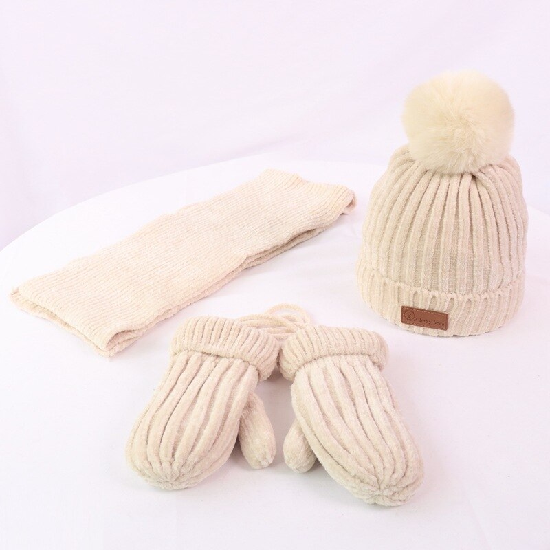 Børn vinter tredelt sæt varm plus fløjlhandske + hat + strikket tørklæde børn ensfarvet tilbehør til koldt vejr: F