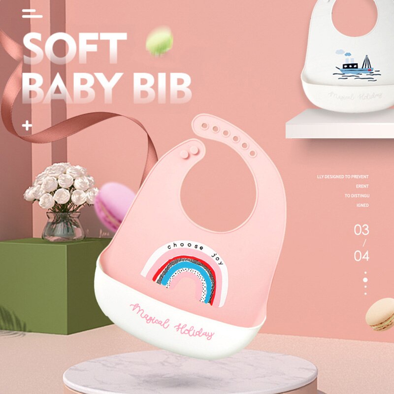 Karikatur Regenbogen Wasserdichte Silikon Baby Lätzchen Mit Tasche Weiche Kleinkind Baby Fütterung Sachen Einstellbare Lätzchen