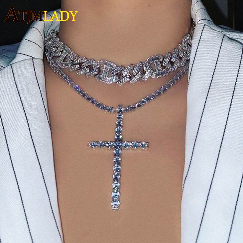 Iced out bling women girl jewelry hiphop bling 5A cubic zirconia cz tennis chain 30*50mm cross pendant choker necklace