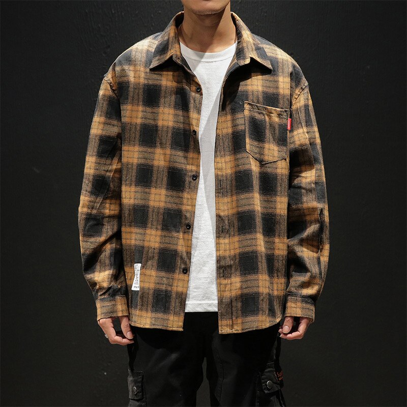Fleece casual skjorta män vinter svart rutig streetwear hip hop långärmade herrskjortor höst preppy sammet oversized cargo toppar: Gul / Xxl