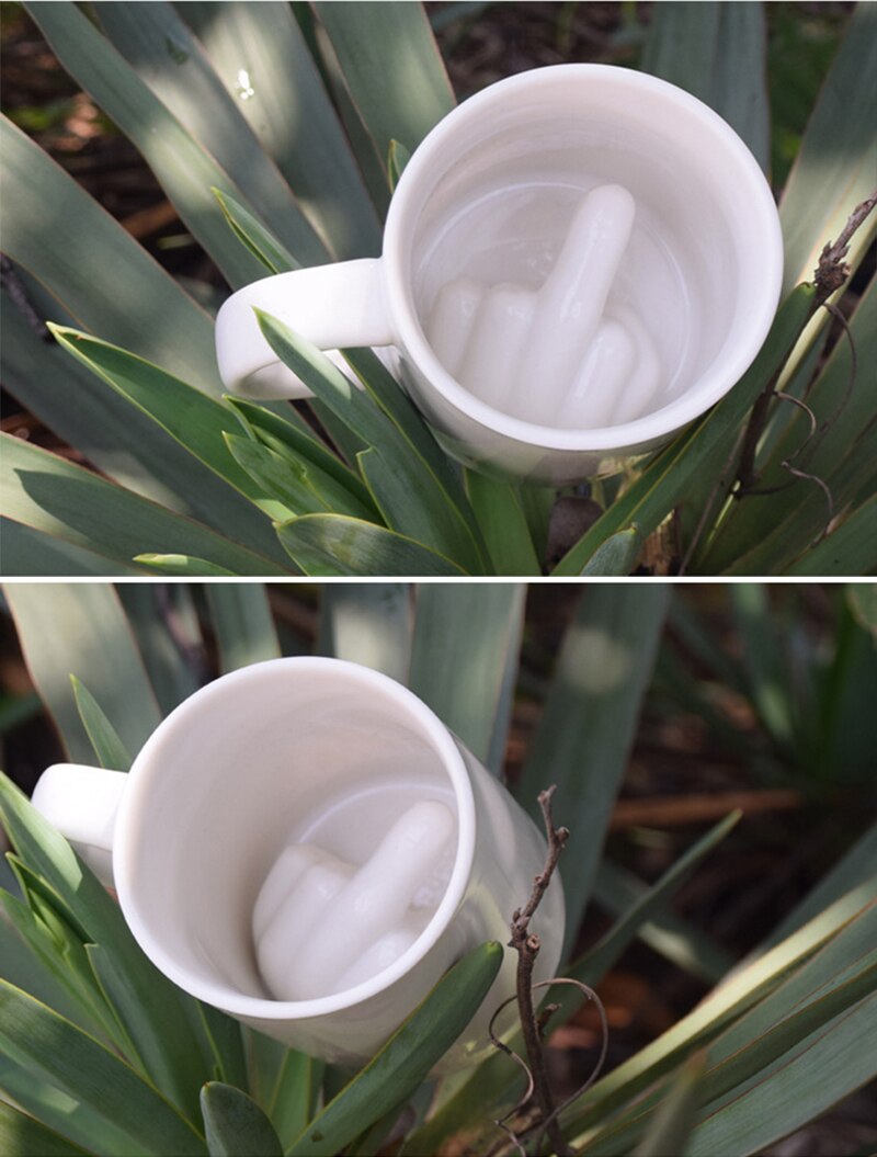 Taza de estilo de dedo medio blanco, para mezclar café, leche, taza divertida de cerámica, taza de agua de capacidad de 300ml