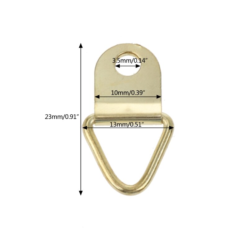 100 stuks gouden kleine d-ring schilderijhangers met schroeven, driehoekige ringhangers