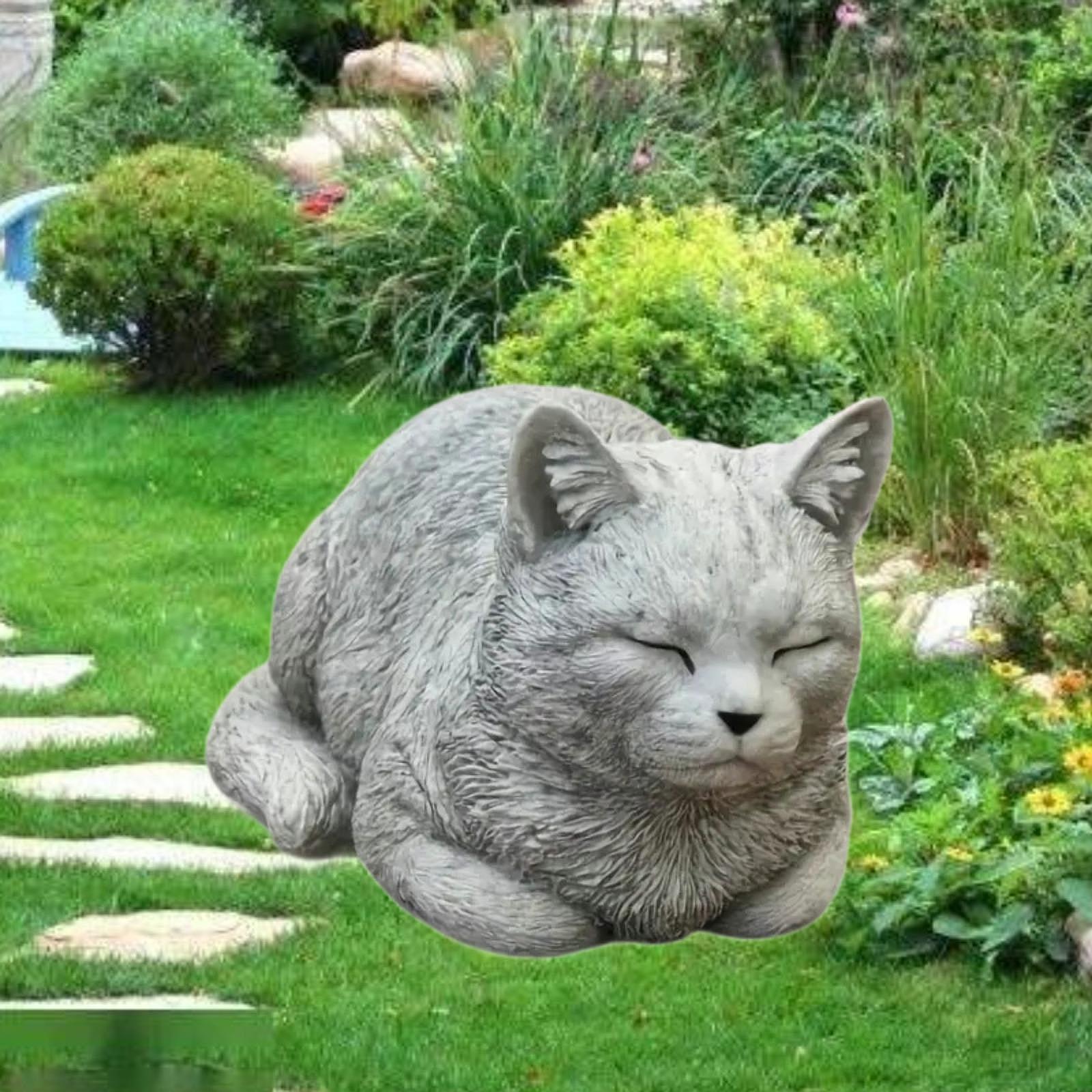 Buitenbeeldje van een kat, gedenkbeeldje van hars voor op het balkon, liggende kat, decoratie voor buiten
