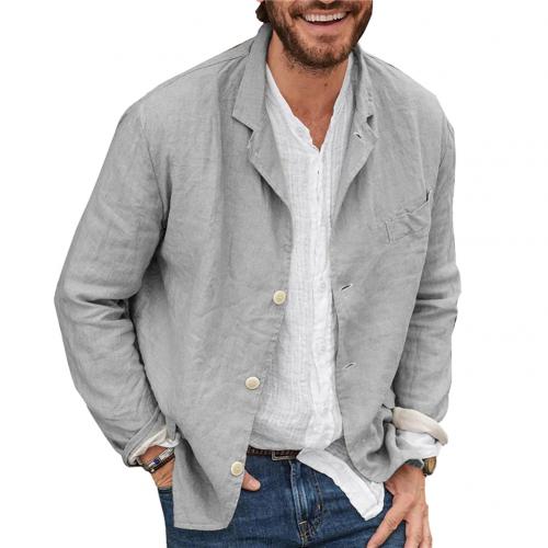 Blazer à manches longues en coton et lin pour homme, veste à simple boutonnage, manteau, vêtements: Grey / L