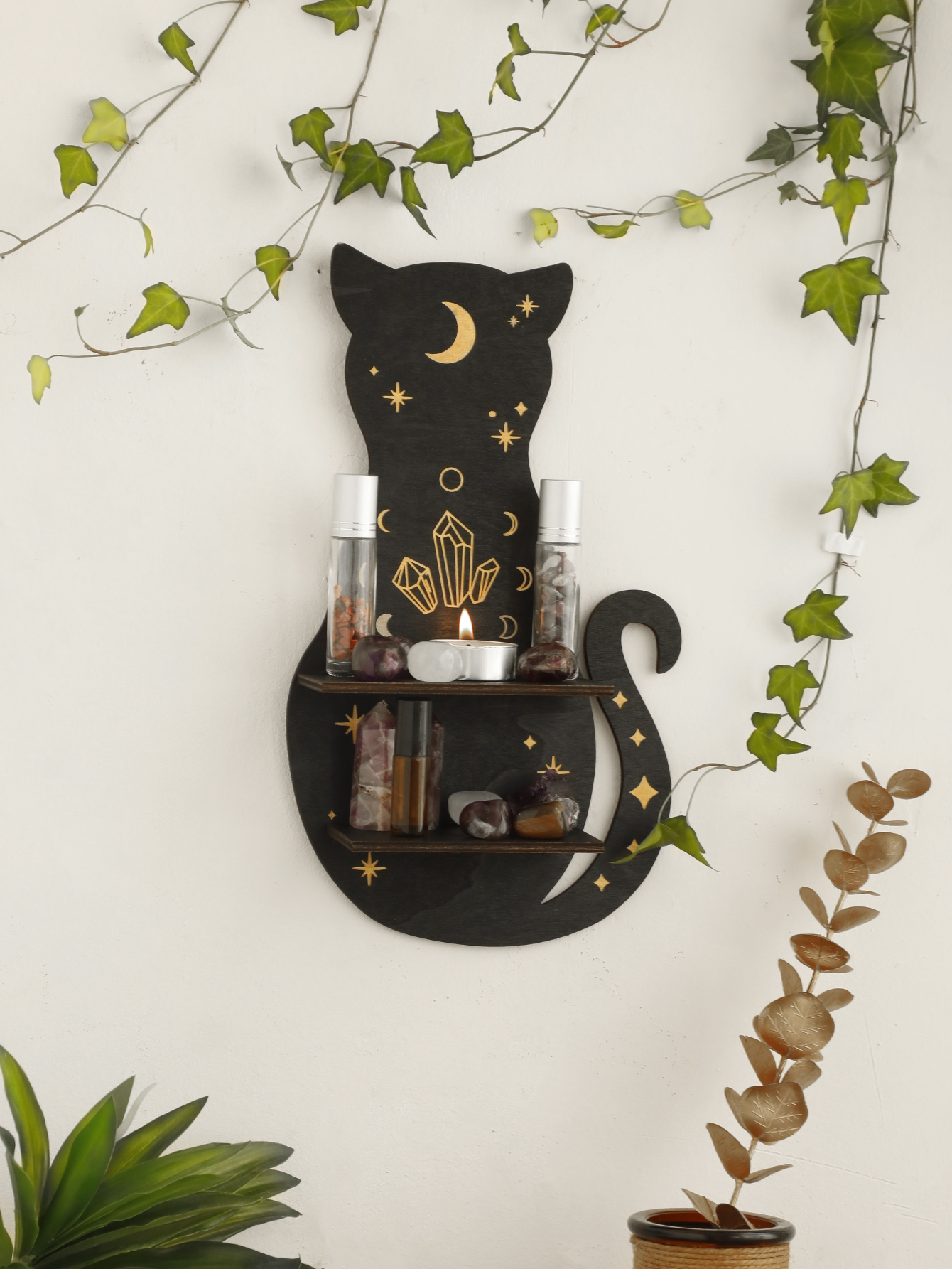 Black Cat Wooden Shelf Moon Phase Floating Shelf Chakra Crystal Holder Stone Display Stand Wall Decor Witchy Home Decorations: Navy