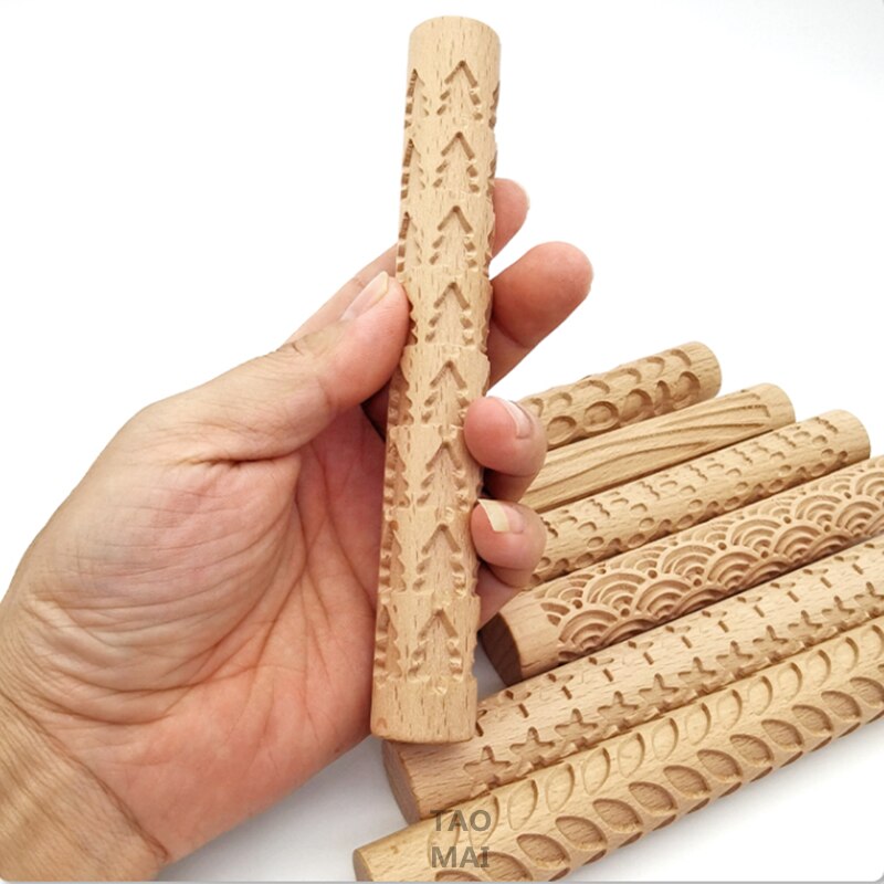 1 Stuks Aardewerk Klei Handgemaakte Houten Textuur Klei Rolling Bloem Stick Rolling Klei Steen Stok Boom Patroon Klei Tool