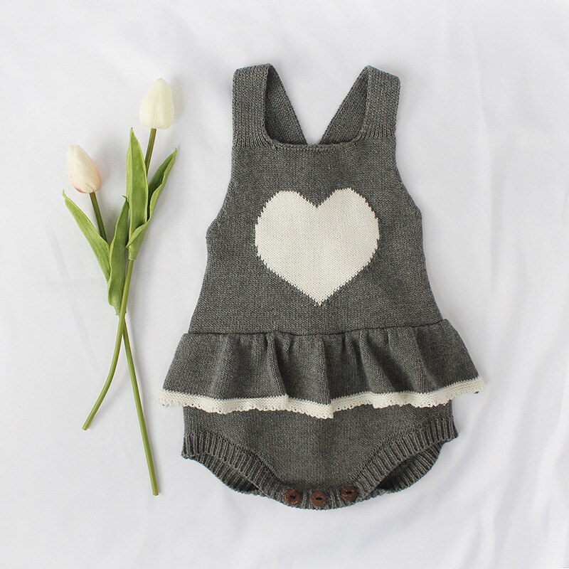 Focusnorm 0-24m herfst winter baby meisjes jongens gebreide romper mouwloos hartjesprint ruches jumpsuits 2 kleuren