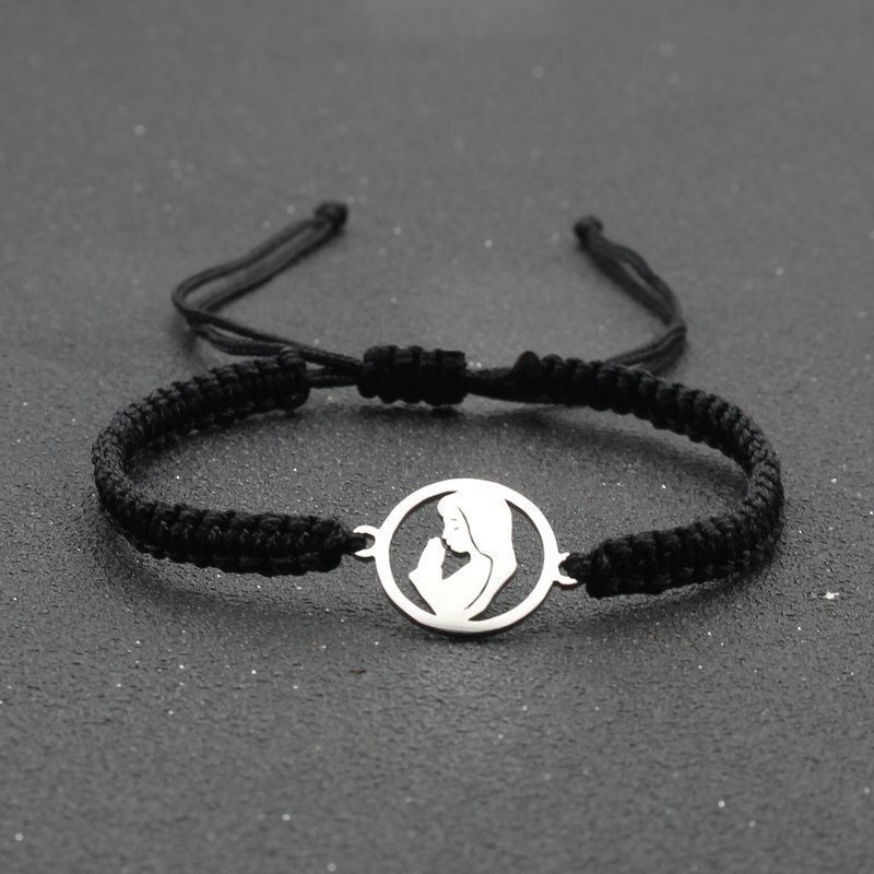 Lucky Rvs Maagd Maria Charm Armbanden Voor Vrouwen Mannen Koppels Handgemaakte Gevlochten Touw Ketting Armband Vriendschap Sieraden: Black