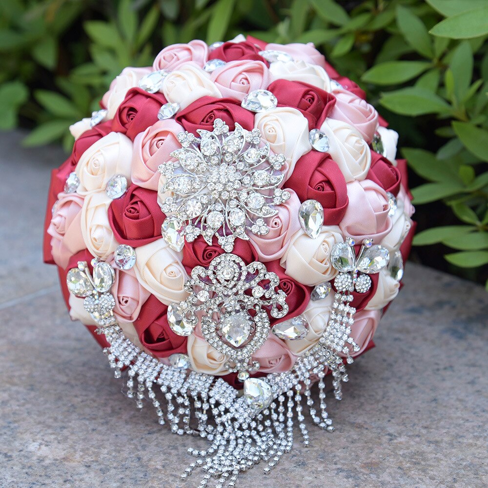 Tassel Diamond Wedding Bouquet White Ivory Pink Burgundy Crystal Silk Rose Wedding Flowers Bouquet De Mariage Bridal Bouquets: Burgundy Ivory
