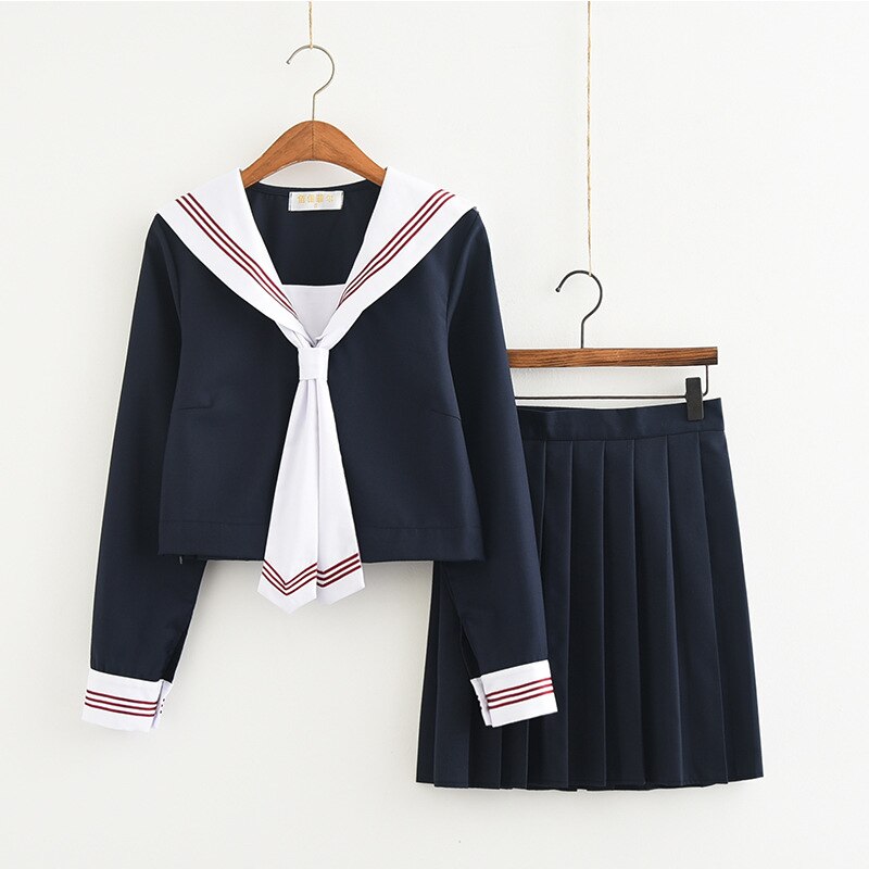 Japanese School Navy Blue JK Uniforms Pleated Skirt Sailor Suits White College Wind Suit Girl Students Uniforms Cosplay Costumes: M / Long sleeve set