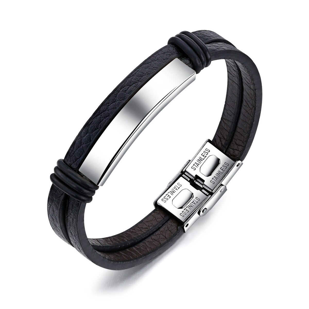 brazalete cruzado clásico de acero inoxidable y cuero de lujo para hombre: rigid colors