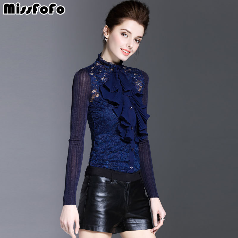 MissFoFo Autumn Blouse Royal Lotus Lace Collar Chiffon Shirt Female Long Sleeve Spring Shirt Blue Size S-2XL