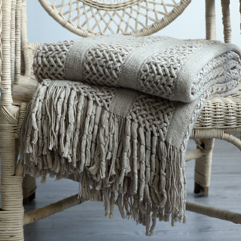 170 x 130cm heklet frynset massivt sofakasteteppe nordisk dusket dekorativt teppe lett mykt sengetrekk: Khaki