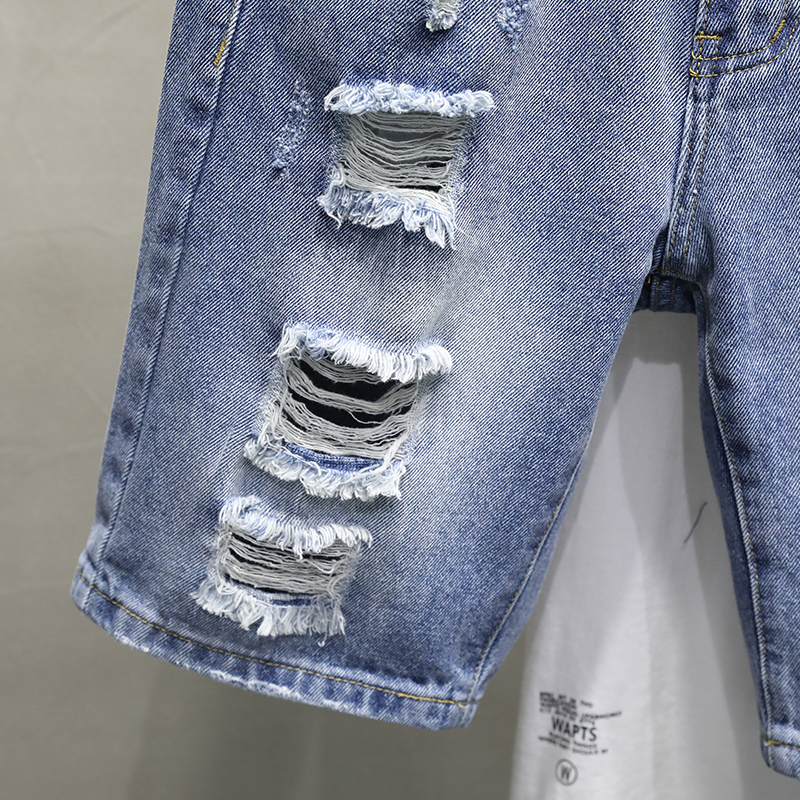 Summer Male Ripped Hole Destroyed Light Blue Denim Shorts Streetwear Jeans Five Points Pants Comfortable Men Clothing