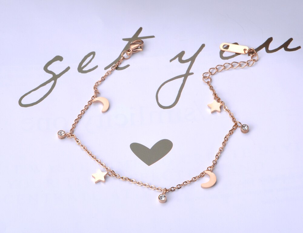 JeeMango Trendy Bracelet Moon & Star & CZ Crystals Rose Gold Color Stainless Steel Bracelet Link Chain Christmas JB18186