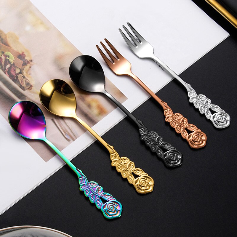 Kitchen Gadgets Ice Cream Tea Spoons Stainless Steel Cute Stirring Spoon Coffee Spoon Rose Colorful Dining Bar Tools Accessories