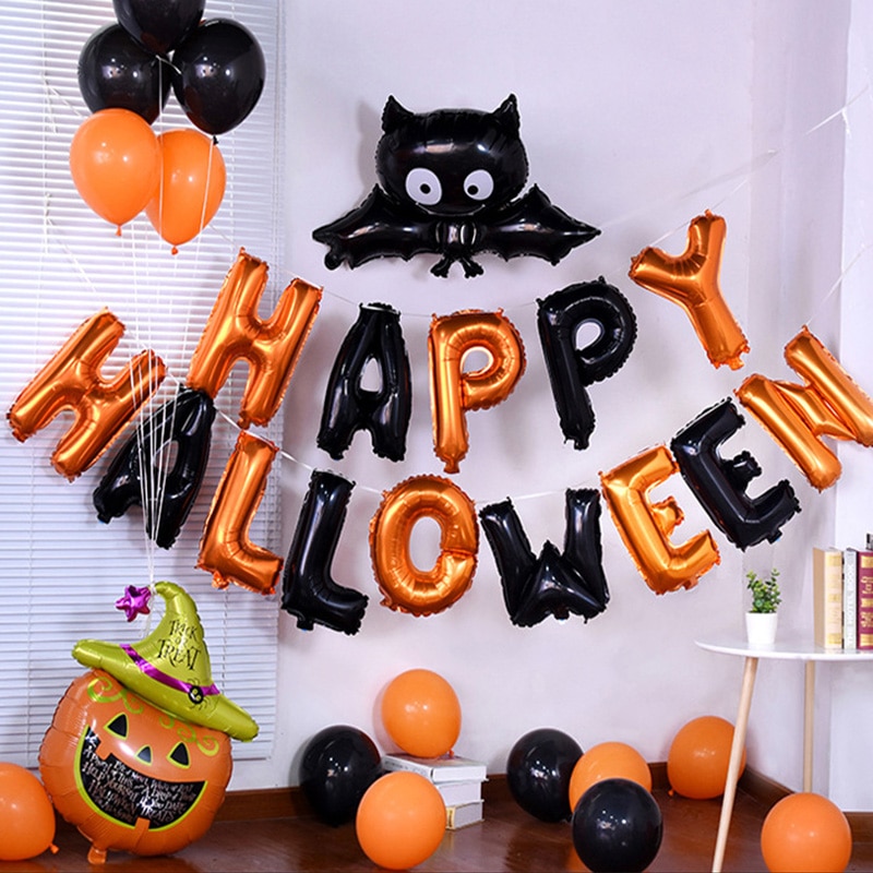 glad halloween fest dekorasjonssett helium luftfolie ballonger gresskar flaggermus halloween tema ballong banner svart oransje ballong xn