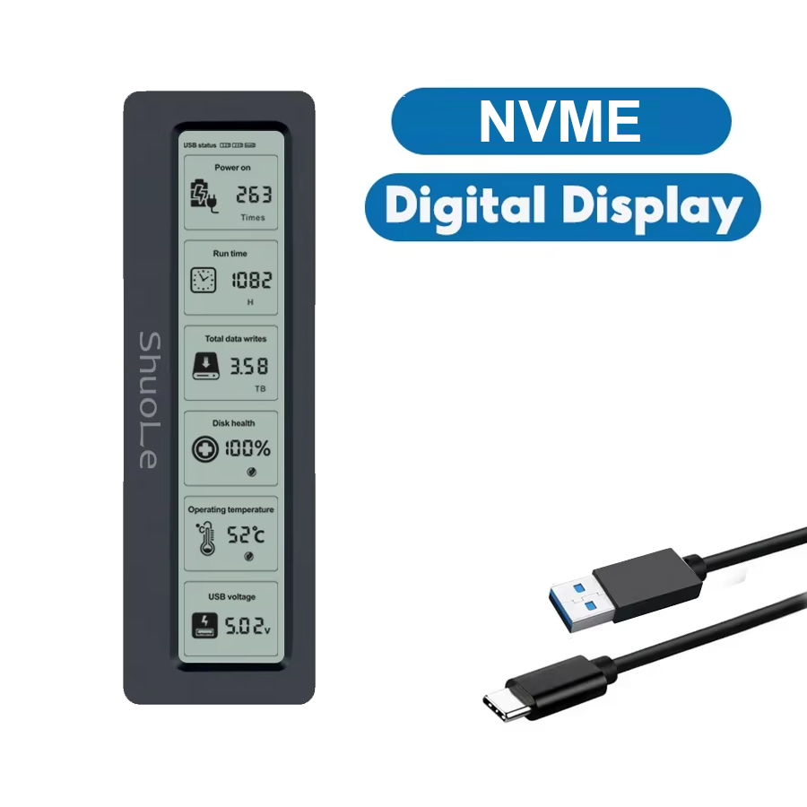 M.2 NVME/NGFF Dual Protocol SSD Enclosure with Display Screen USB Type C SSD Adapter for NVME PCIE NGFF SATA SSD Disk Box: Silver