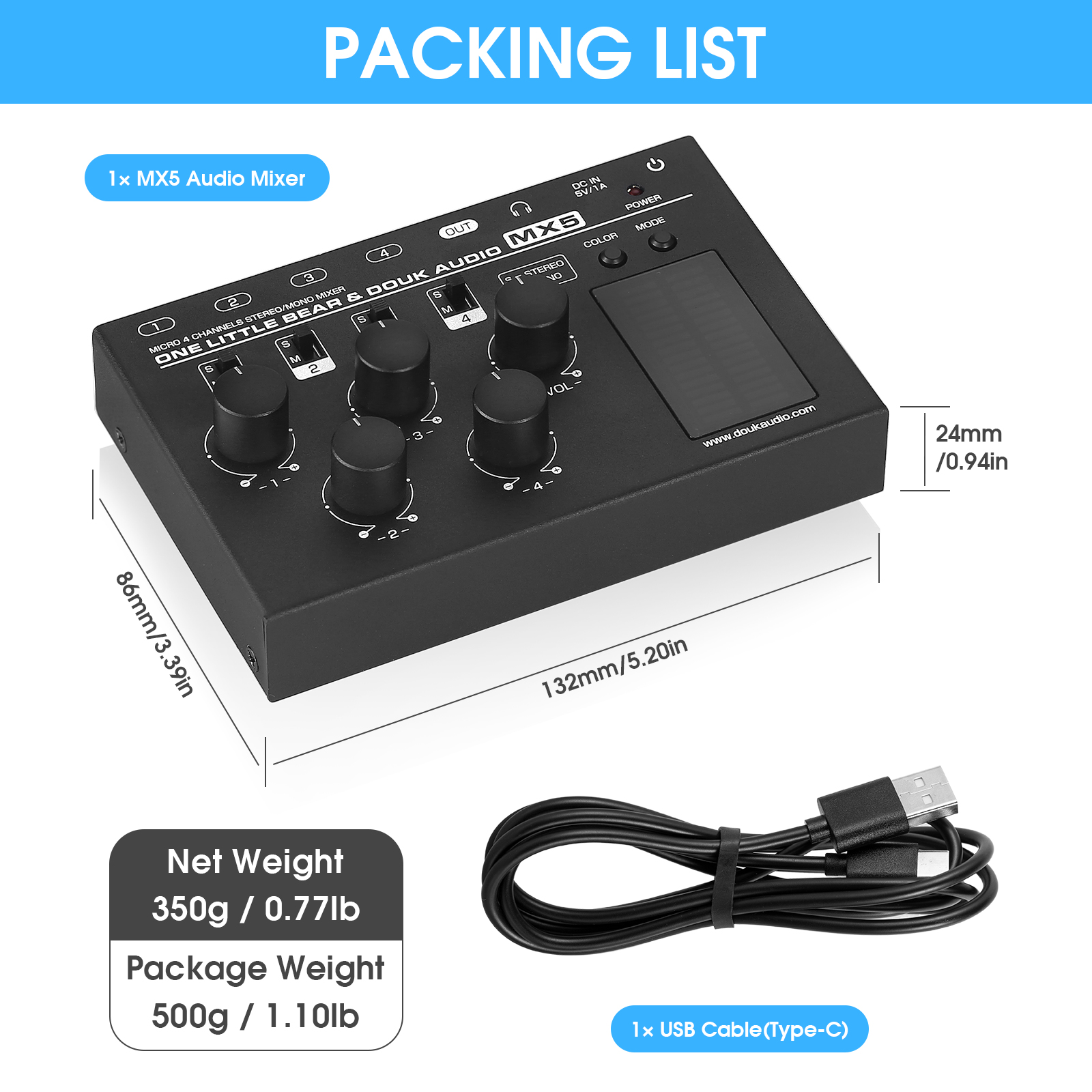 Douk Audio MX5 Mono/Stereo 4 Channel Audio Mixer Ultra Low-Noise Line Mixer 6.35/3.5mm LED Level Meter for Club/Studio DC5V