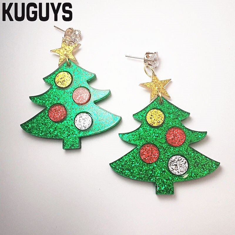 Kuguys 8 estilo natal 2021 mulheres brincos árvore boneco de neve acrílico glitter colorfuls presente papai noel na moda meninas jóias: Christmas tree