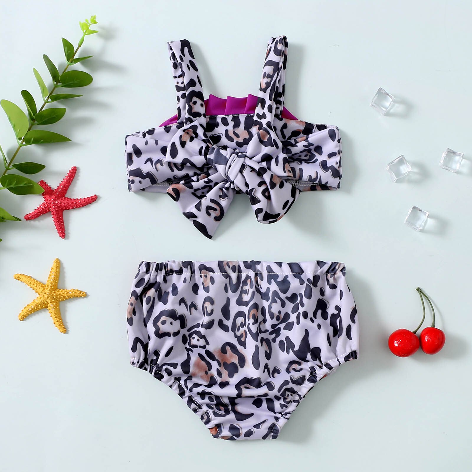 Kids Girl Two-Piece Swimwear Leopard Print Bowknot Bikini Tops+Elastic Waist Bathing Shorts Children Girl Bikinis Set 1-5Years