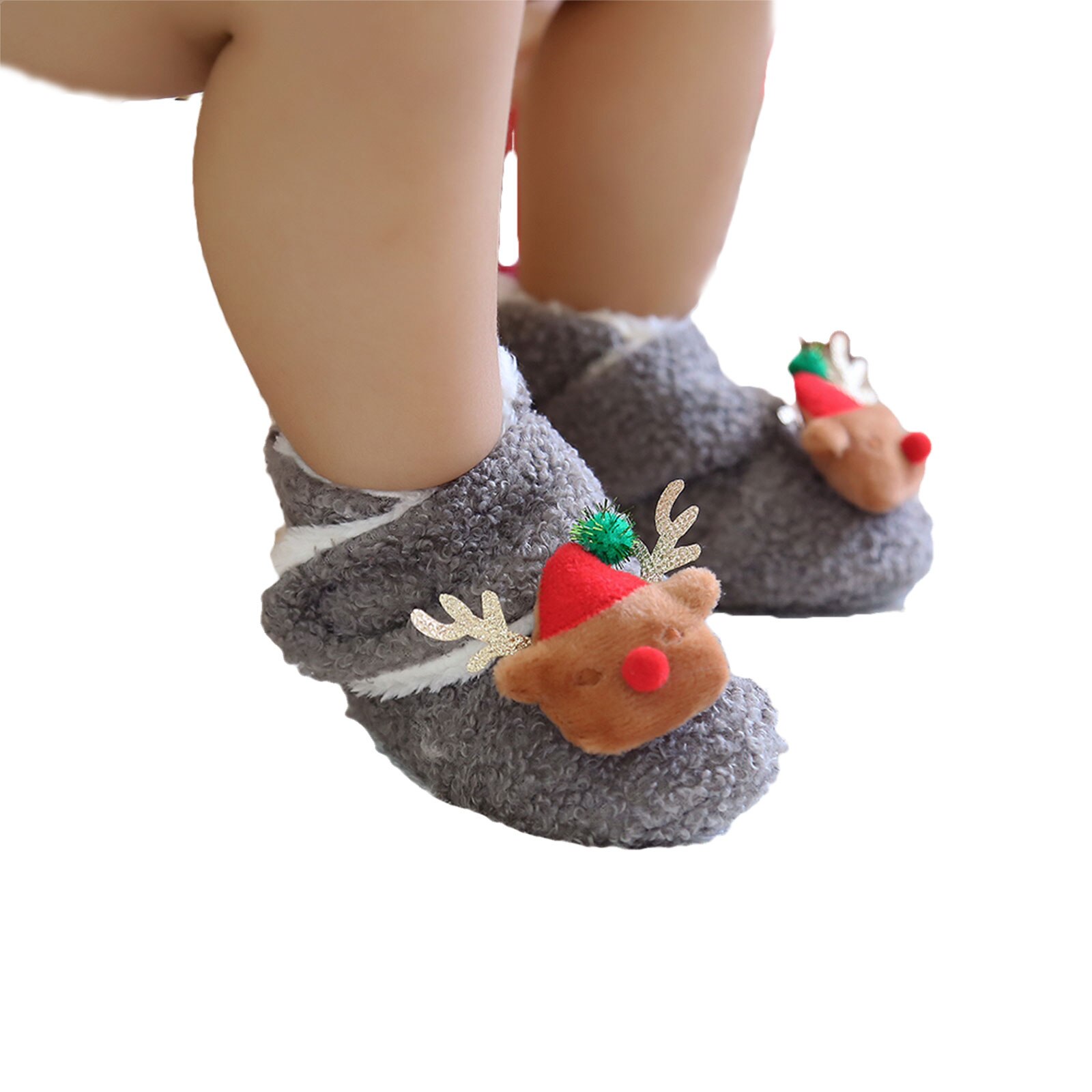 Merry Christmas Party Baby Girls Boys Booties Lovely Winter Warm Cartoon Pattern Fleece Slippers Anti-Slip Newborn Crib Shoes