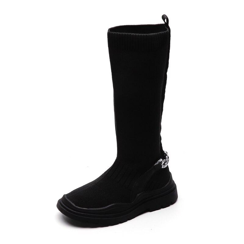 Botas Largas de estilo británico para niñas, calcetines de tela voladores, botas informales con cadena de metal, otoño,