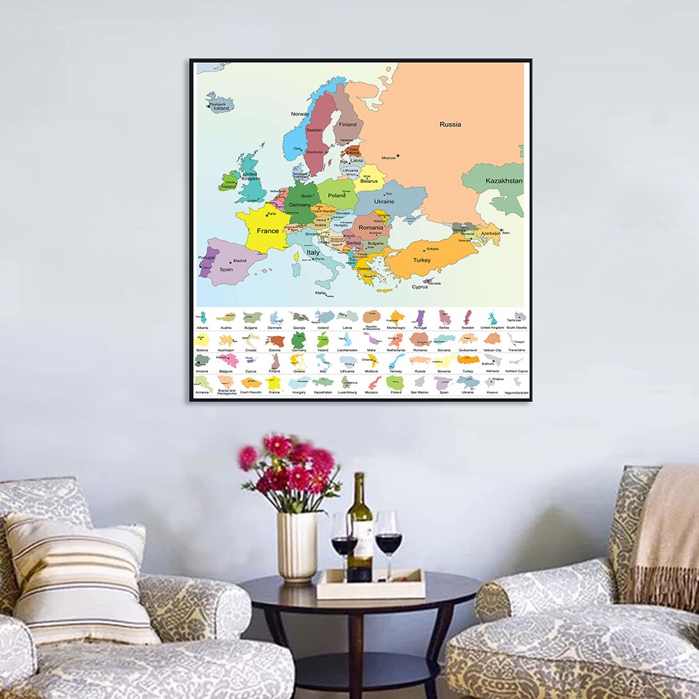 60*60cm The Europe Political Map Canvas Painting Wall Art Poster and Prints Classroom Home Decoration Children School Supplies