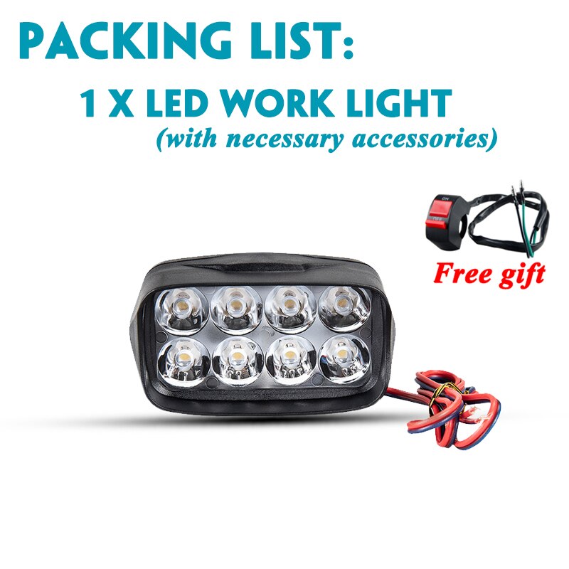 Motorcycle Headlight 12V Motorbike Spot Head Light 8 12 16 led Scooter ATV Moto Headlamp 24V Motor auxiliary driving Work light: 8 led 1pcs