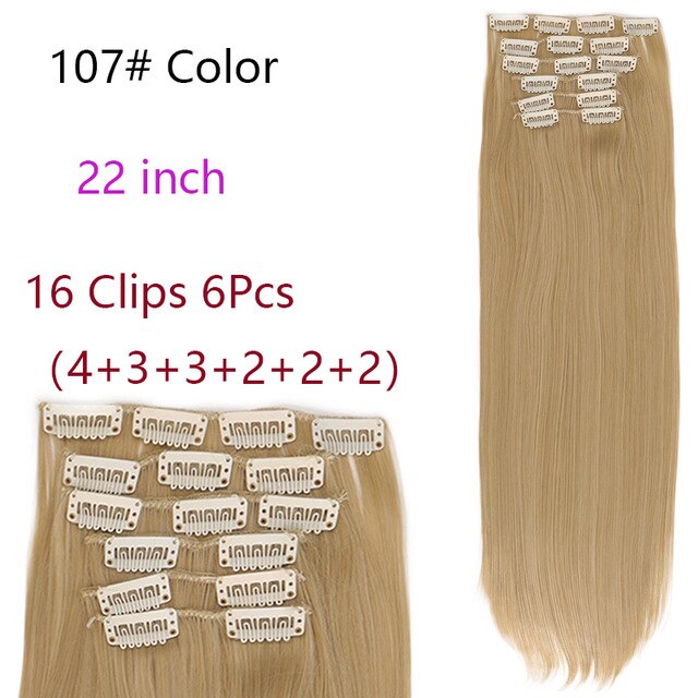 MANWEI Clips In Hair Extentions Women Synthetic Hair Extensions 6 Pcs/Set 16 Clips 22 Inch Synthetic Hair Piece: 107