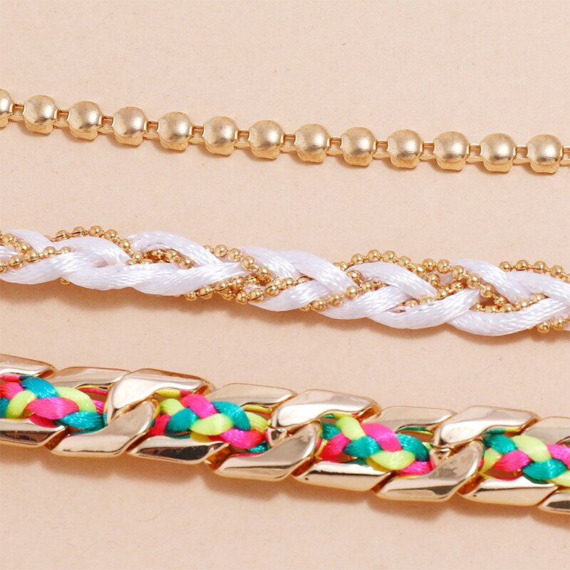 3 Pcs/Set Women Colorful Braided Leather Anklets Set By Chain Gold Bead Multilayer Adjustable Anklet for Women Beach Jewelry