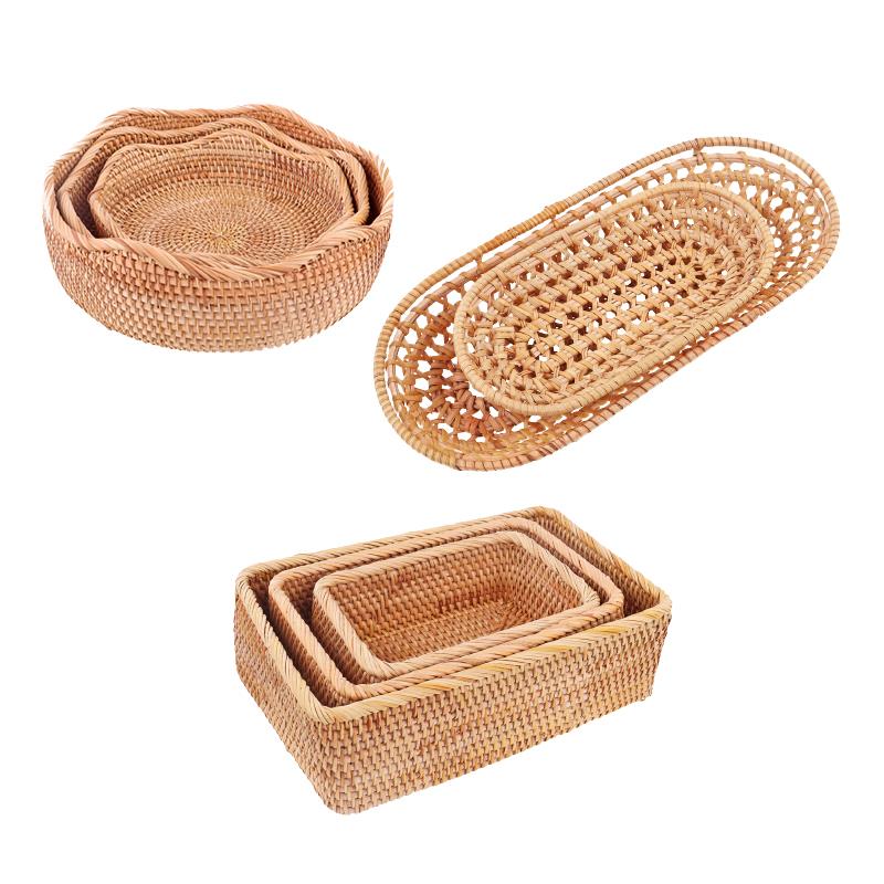 Cesta de tejido de fibra vegetal, cesta de ratán redonda, rectangular, ovalada, para almacenamiento de frutas, pan, aperitivos, cocina, organizador de decoración del hogar