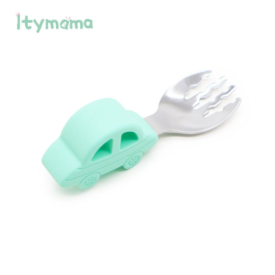 Baby matsked gaffel servis set rostfritt stål baby träning sked bil silikon handtag småbarn servis matningsverktyg: Myntgaffel