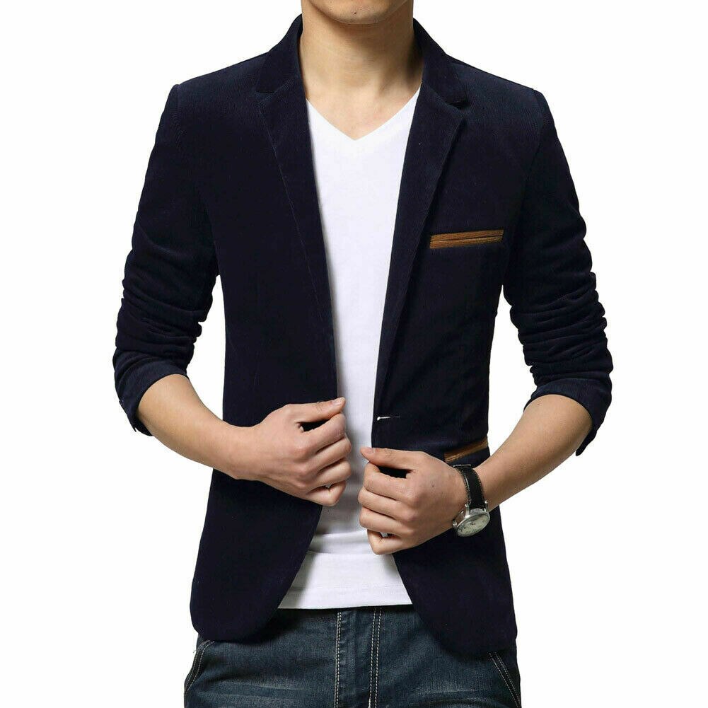 Fløyel menns formell dress blazer frakk business casual en knapp slim fit jakke topper: Marineblå / M