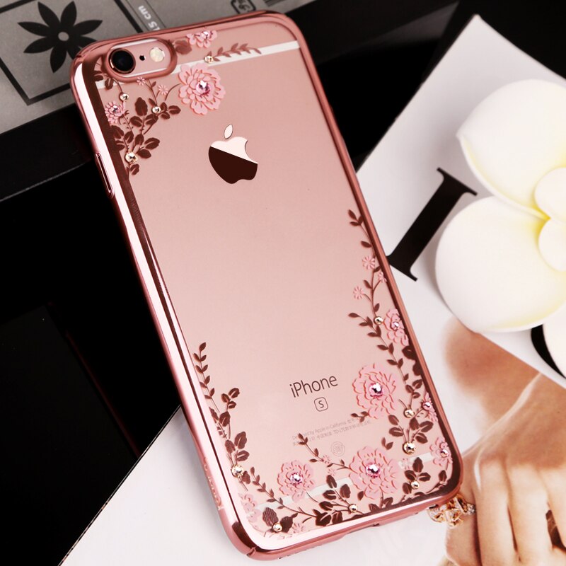 Dla iPhone 7 6S Plus 5 5S 6 przypadku Para Chic kwiat Flora Bling diament Rhinestone wyczyść miękka TPU poszycia skrzynka dla iPhone 7 przypadku